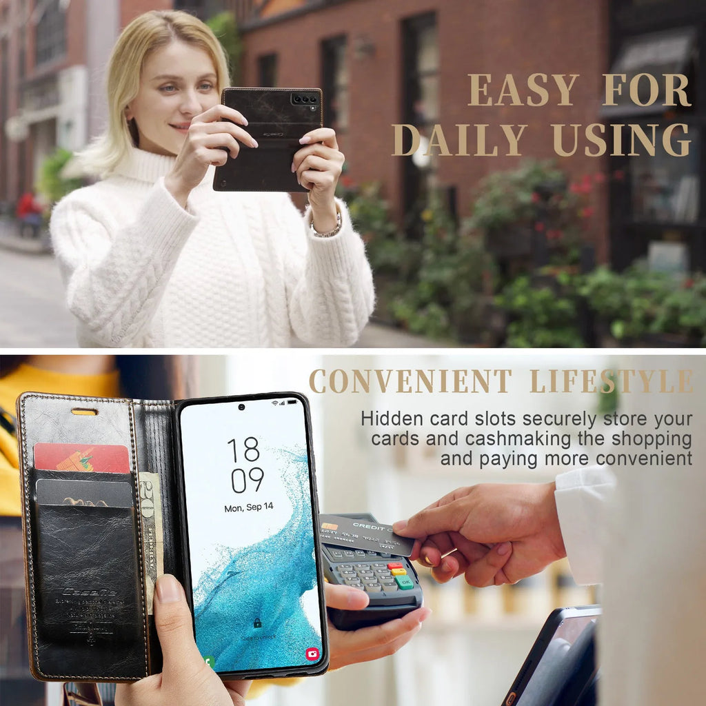 Crazy Horse pattern card flip phone case with magnetic closure for Samsung Galaxy A55, black PC leather finish