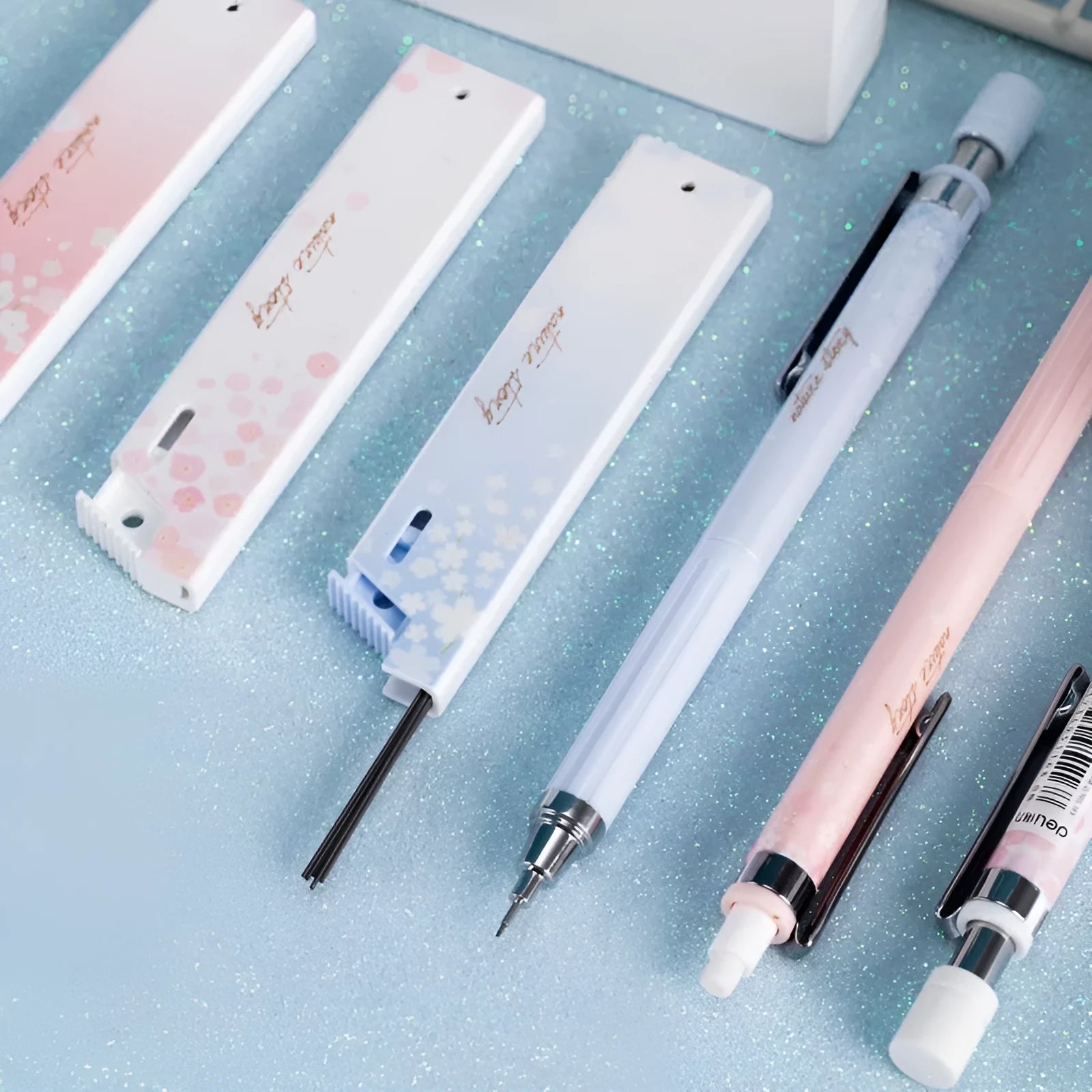 0.5mm cartoon automatic pencil set with three HB pencils and refill boxes in mixed colours