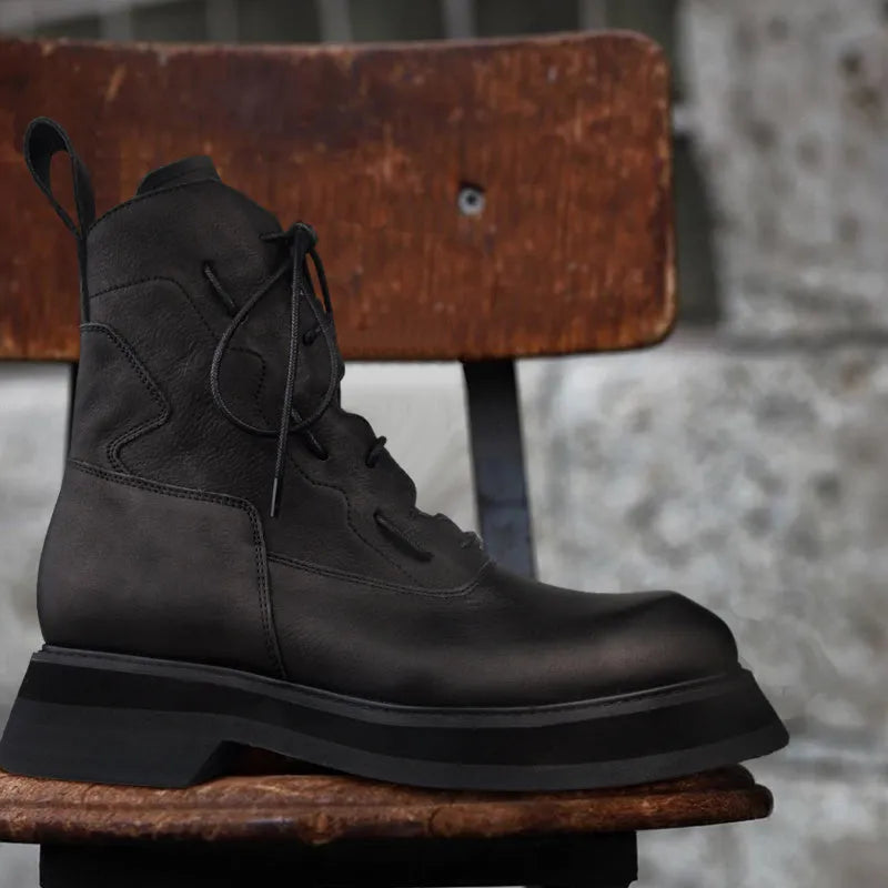 Black mid-top platform boots with PU upper and rubber sole, 3-5cm heel, unisex sizes 38-46