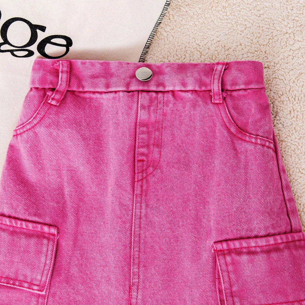 Girls pink cotton knot top and denim shorts set with long sleeves on child model