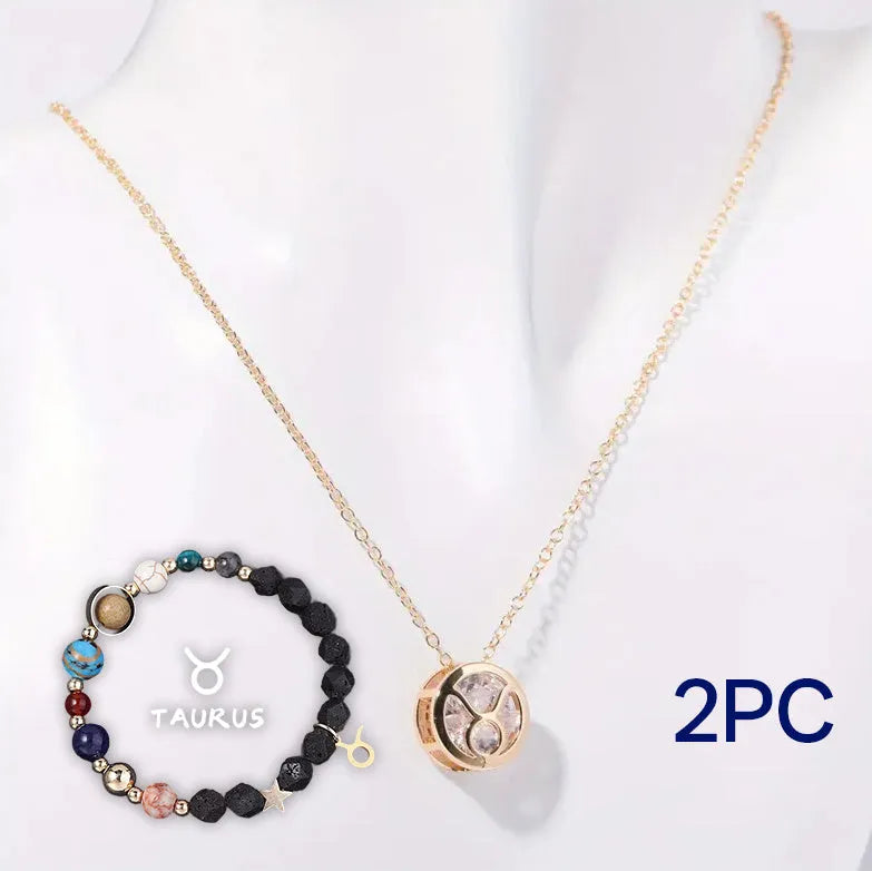 A natural stone beaded necklace and matching bracelet set laid flat, showing the textured stone beads.