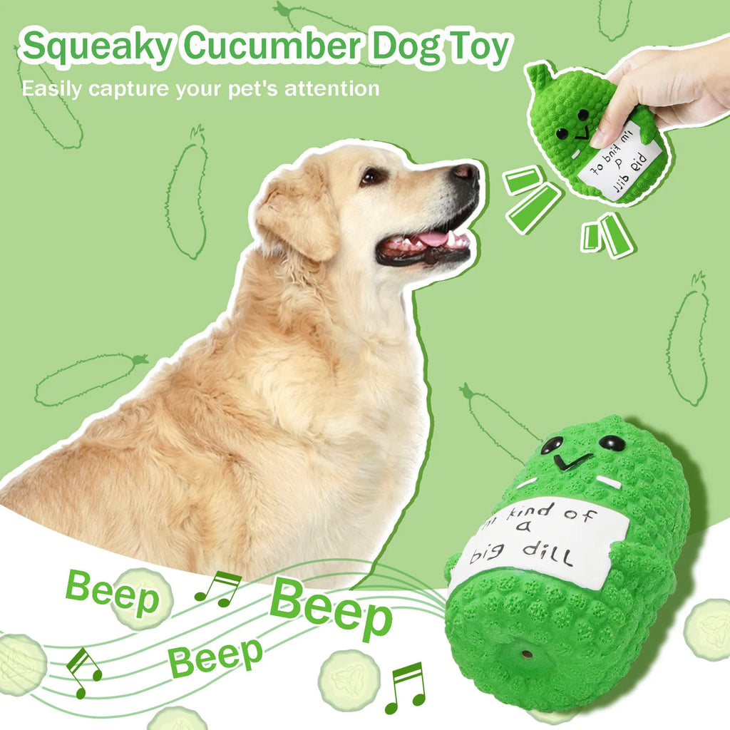 Green latex pickle dog chew toy with textured surface and squeaker inside.