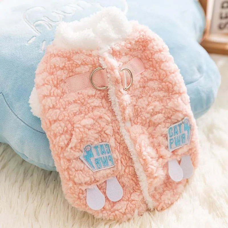 Grey winter dog coat with fleece lining, patches design, and D-ring for small medium dogs