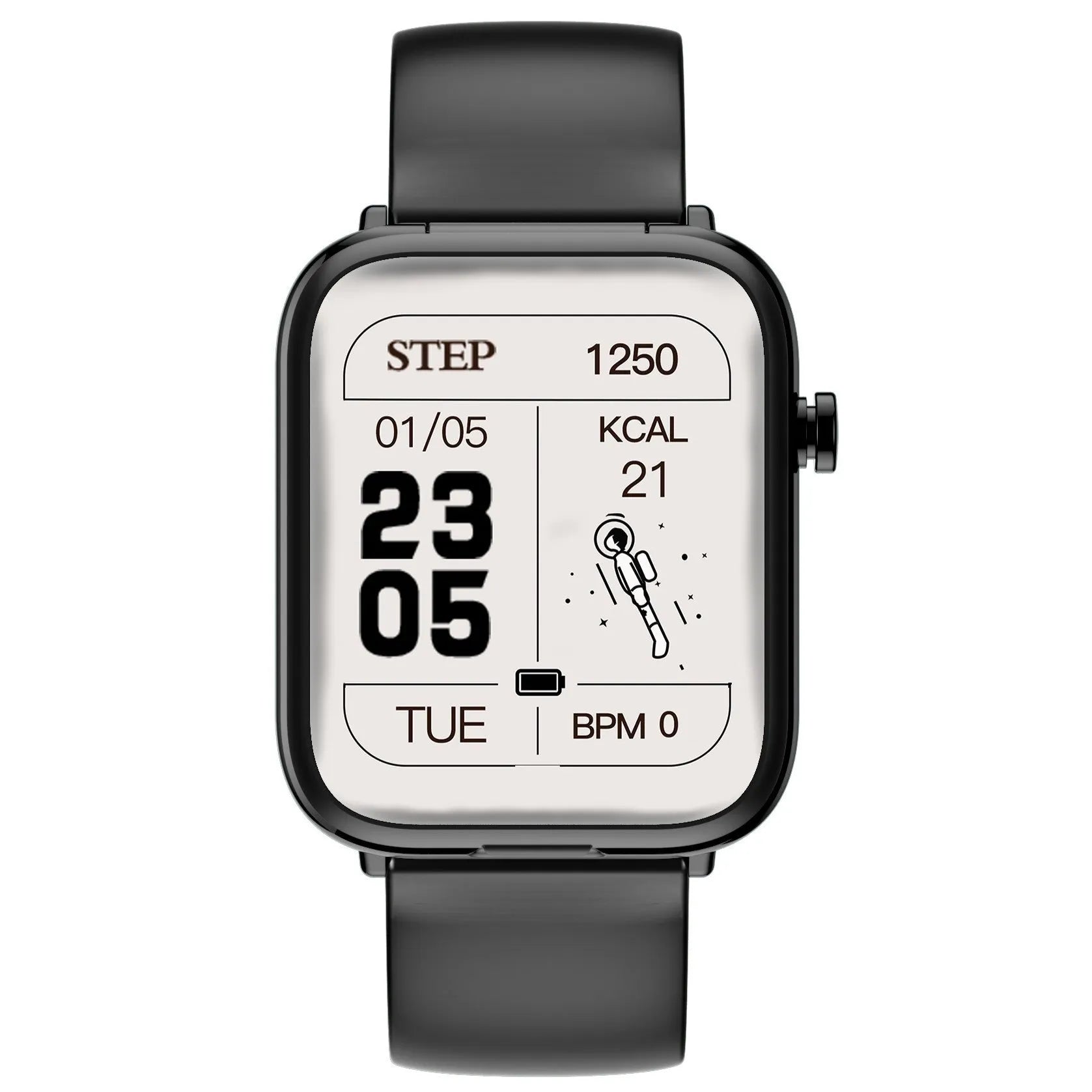 Black zinc alloy smartwatch with Bluetooth earpieces in charging case on a white background.