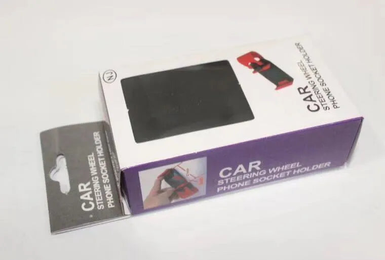 Car steering wheel phone holder in five colour options showing compact ABS plastic construction