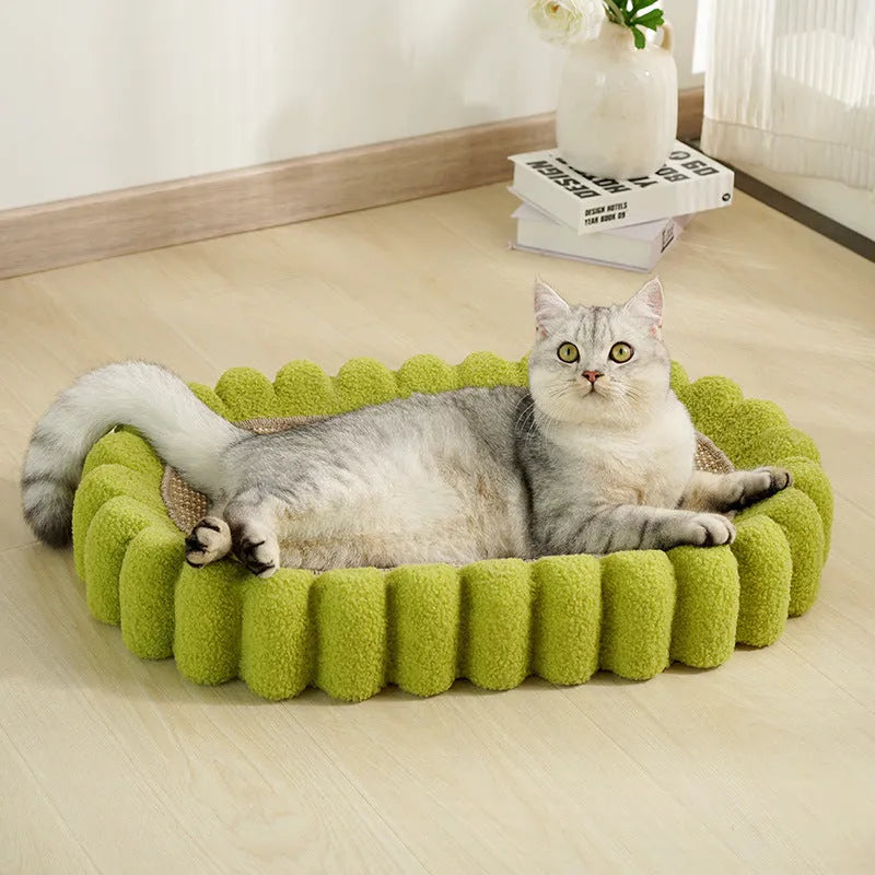 Green oval cat scratch pad bowl bed with sisal scratching surface