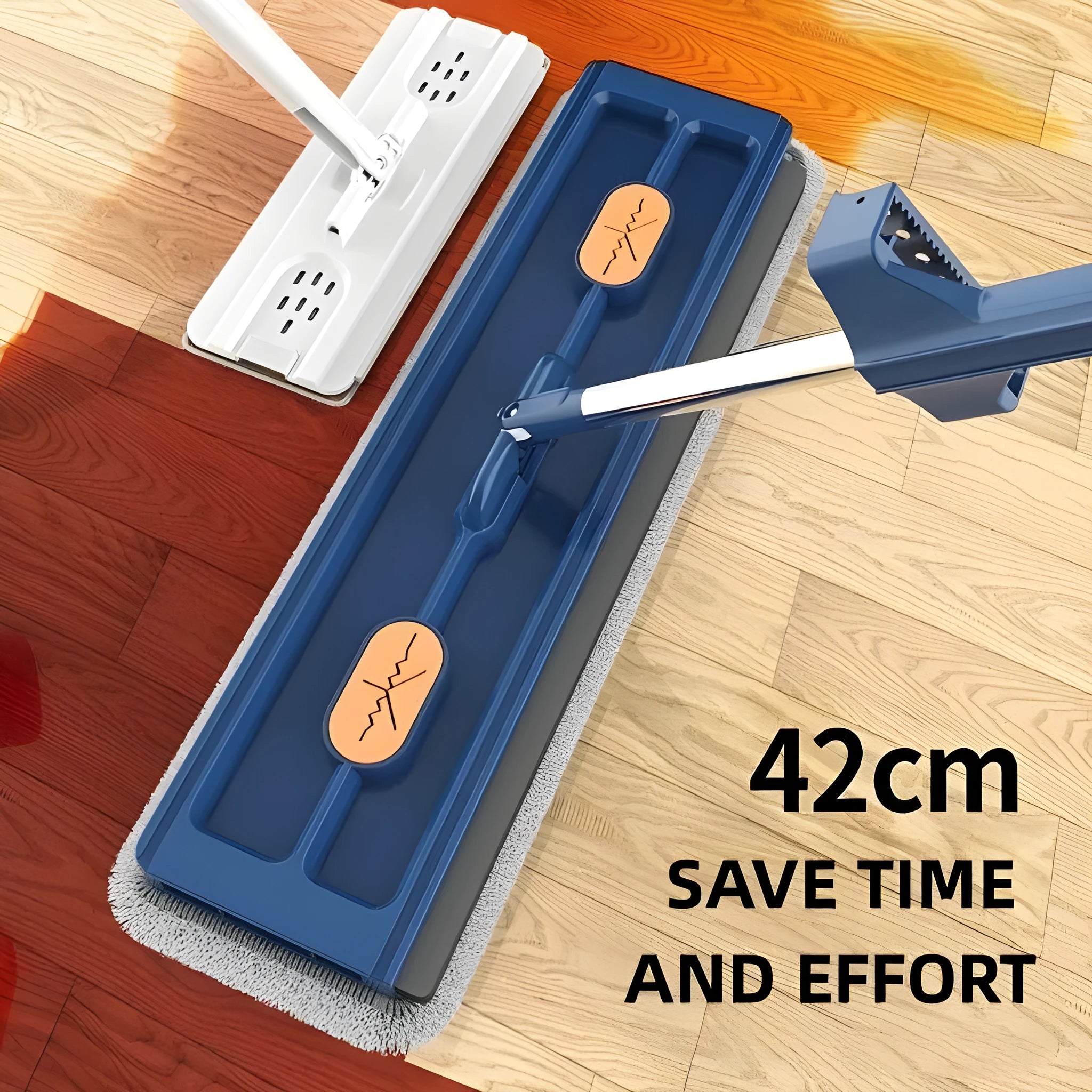 Large flat mop with long stainless steel handle and blue fine fibre mop cloth on a tiled floor