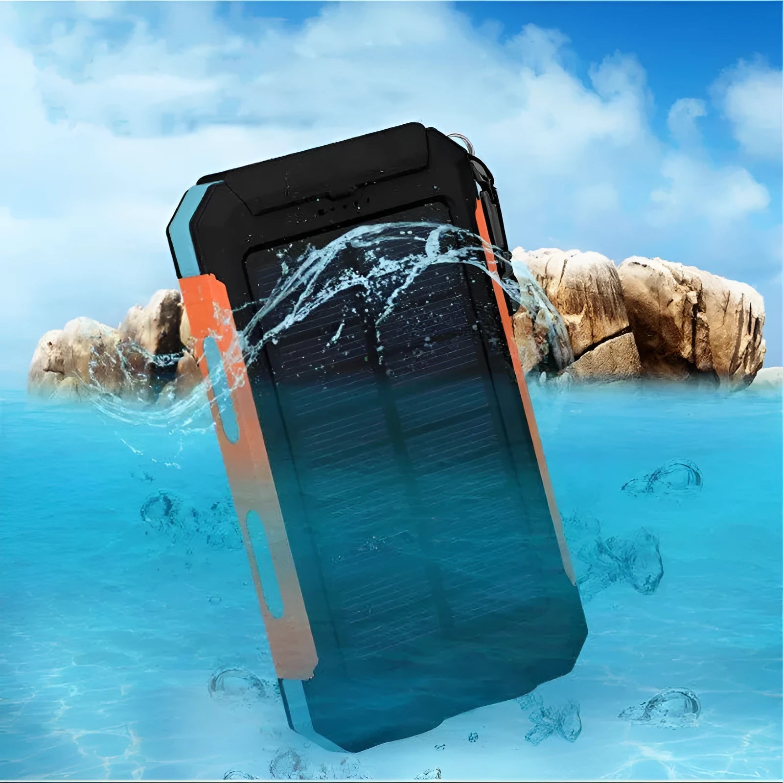 Black solar power bank showing LED flashlight, digital compass display, and solar panel on a rugged outdoor surface.