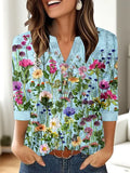 Women's loose-fit casual V-neck top with a 3D printed pattern, available in multiple colours.