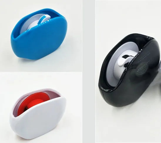 Automatic earphone cable retractor winder in multiple colours on a white background.