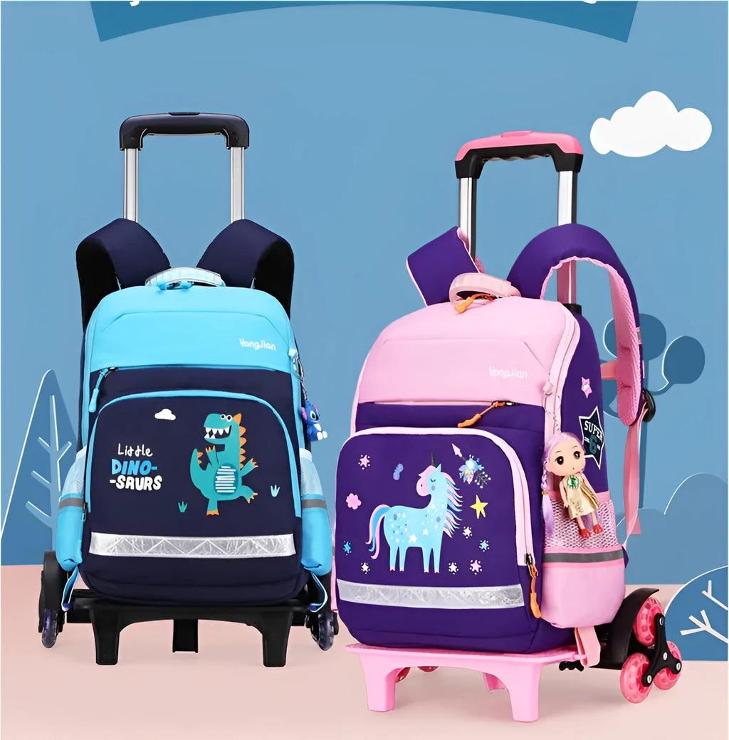 Korean detachable trolley school bag in Oxford cloth, shown in black and rose red colours.