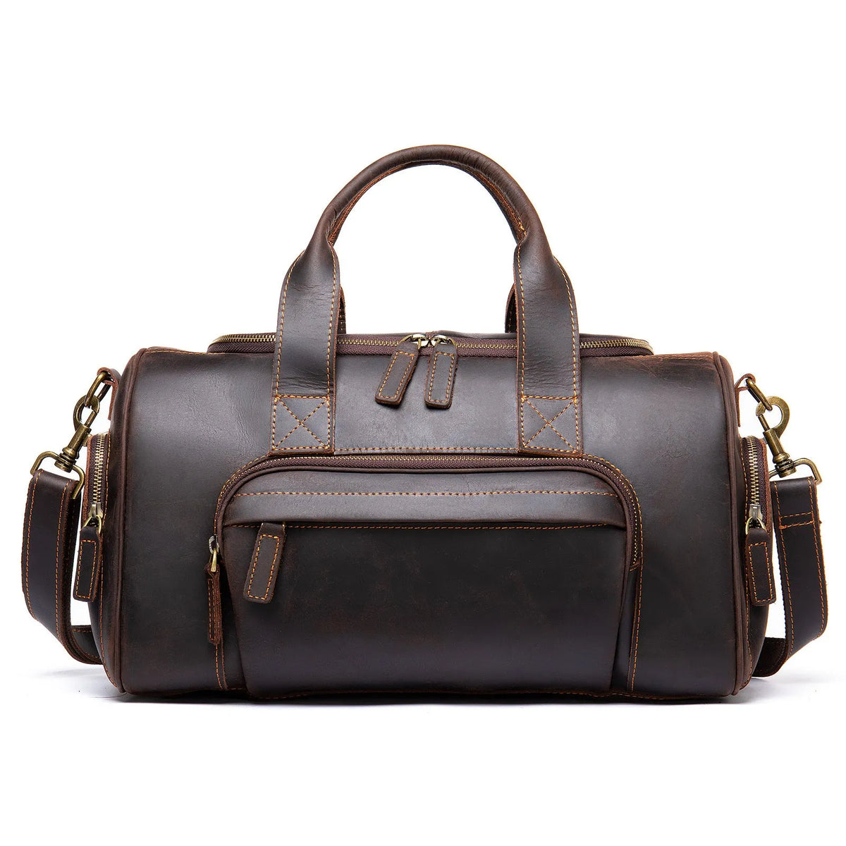 Handmade retro leather holdall 41x19.5x24cm in coffee with soft shoulder strap and multiple zip pockets