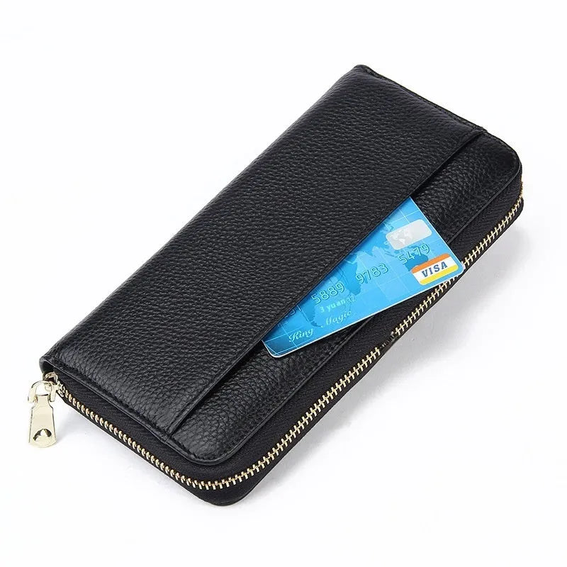 Women's genuine leather long wallet in six colour options with anti-theft card swiping functionality