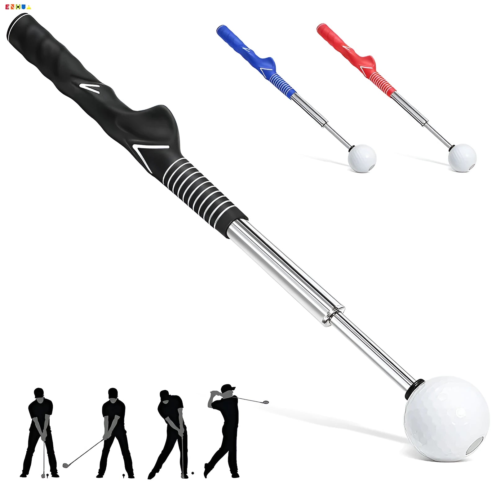 Telescopic golf swing trainer with stainless steel construction in three colour options