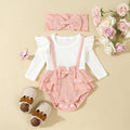 Baby girls cotton romper with flounced shoulder strap and long sleeves in pink, triangle jumpsuit style