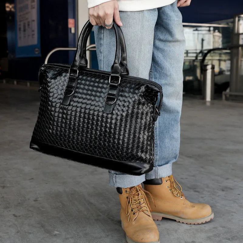 Men's hand-woven PU leather black briefcase bag with luggage strap and zippered pocket, horizontal square shape, 39x30x11.5 cm