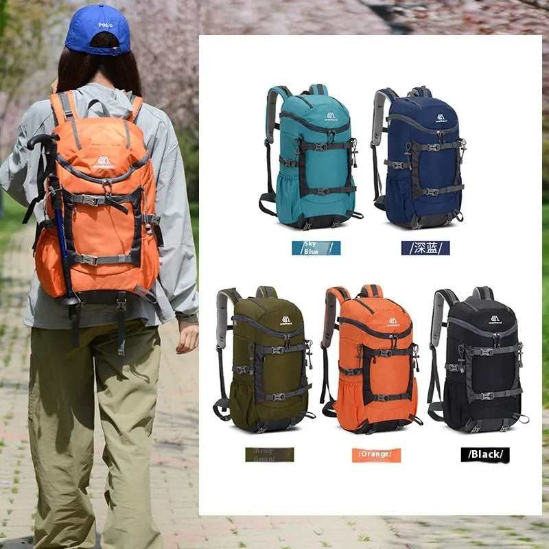 30L Oxford cloth backpack in army green with curved shoulder straps and front pocket, designed for hiking and camping outdoor sports