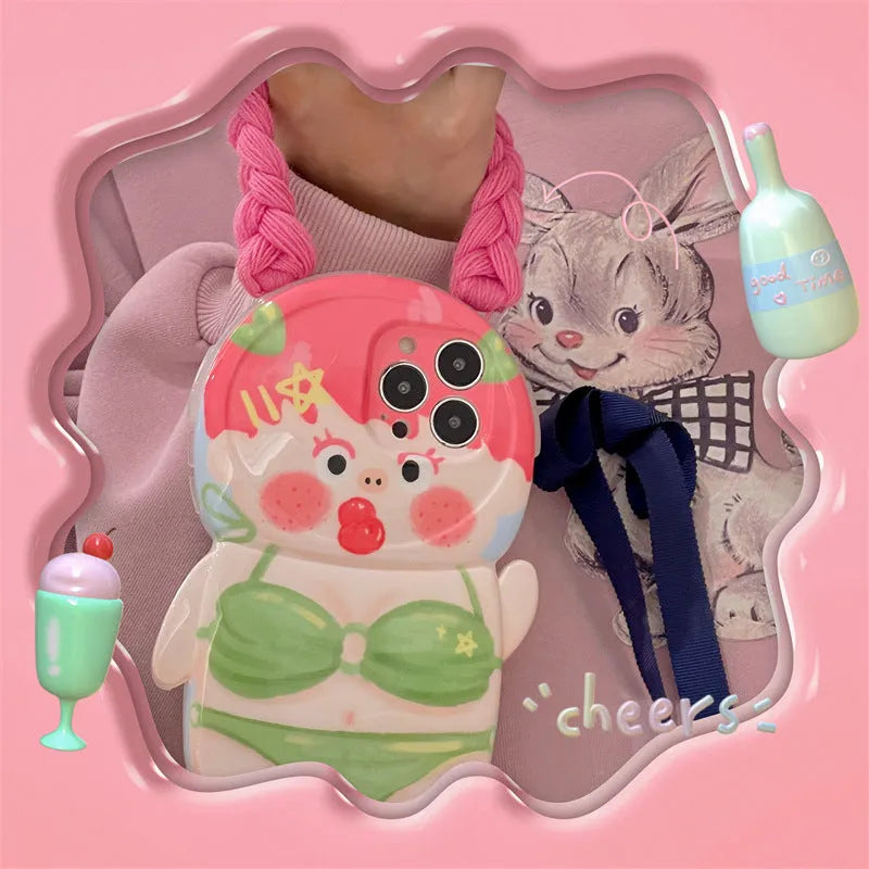 Pink and green summer braid swimsuit girl cartoon design silicone iPhone case