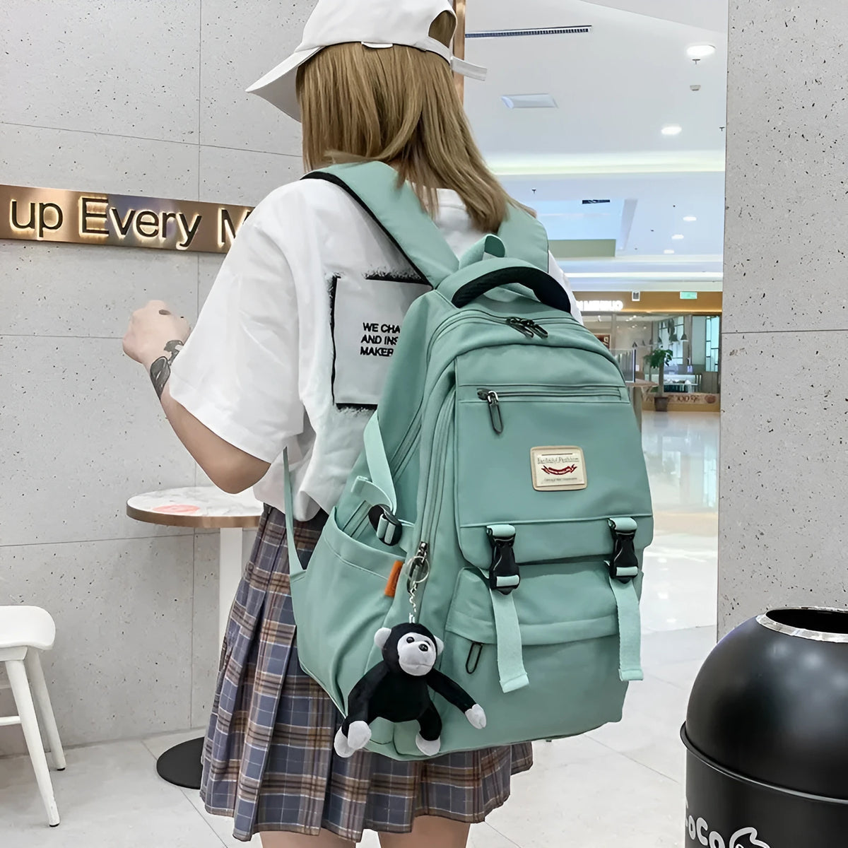 PVC student backpack with three-dimensional pocket, lace detail, available in six colours
