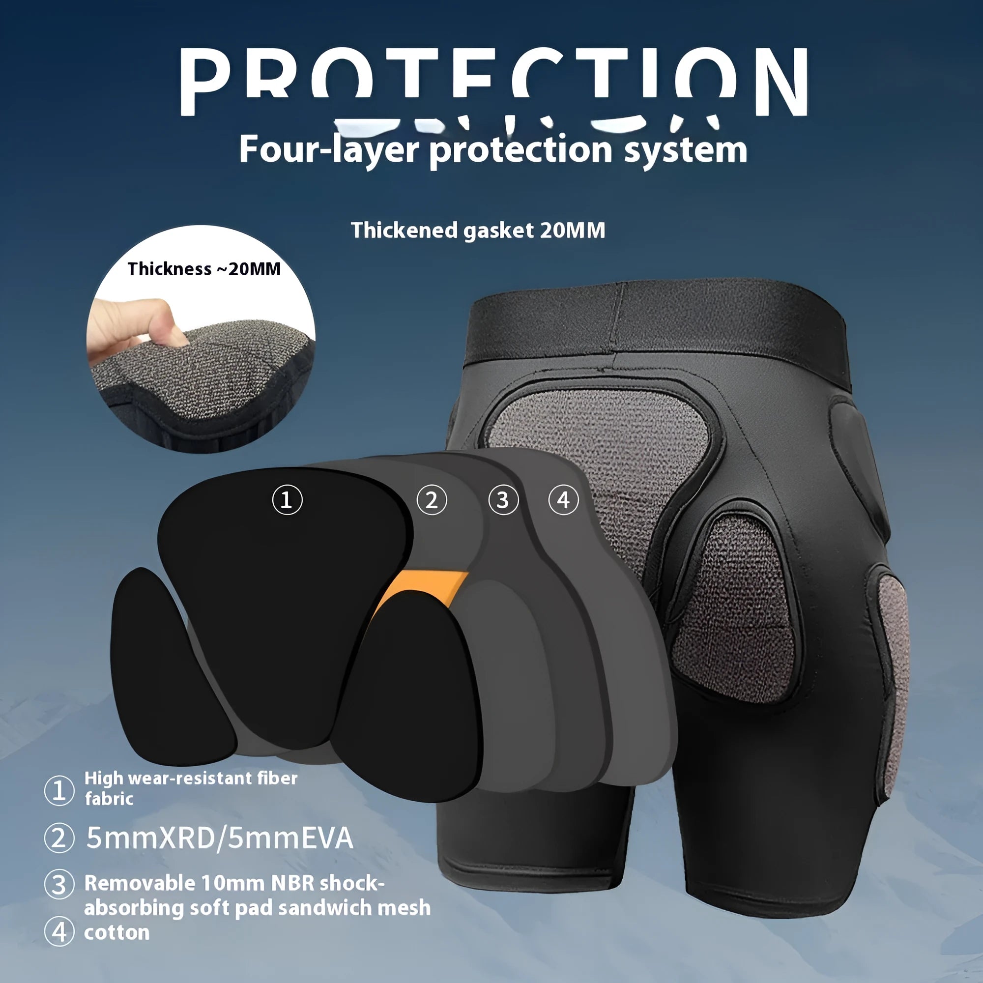 X-ray diffraction skiing protective hip pads and knee pads laid flat, showing slim design.