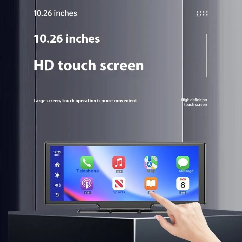 10-inch car touchscreen display showing Carplay interface with separate front and rear camera views.