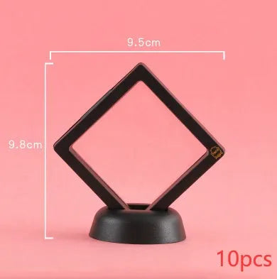 3D floating display case holding coins and jewellery between transparent membrane sheets
