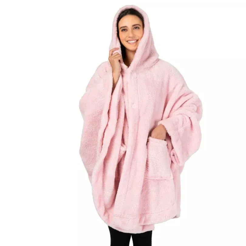 A thick pink hooded bathrobe with long sleeves and a cardigan-style front on a hanger.