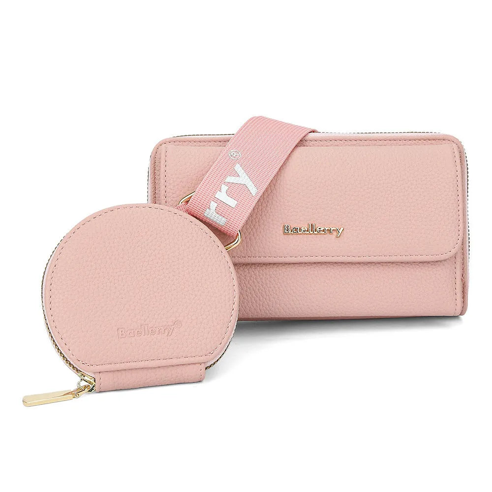 Two lychee-textured composite crossbody bags with letter print and small coin purse in pink and dark blue