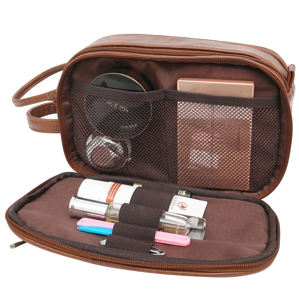 Men's black and brown solid colour waterproof PU toiletry bag with internal zip compartments