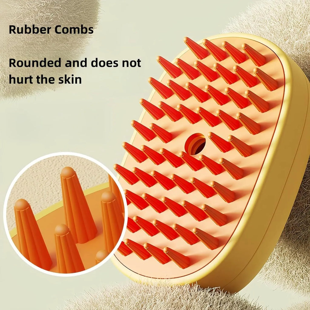 White rechargeable pet steam grooming brush for dogs and cats with rubber comb teeth