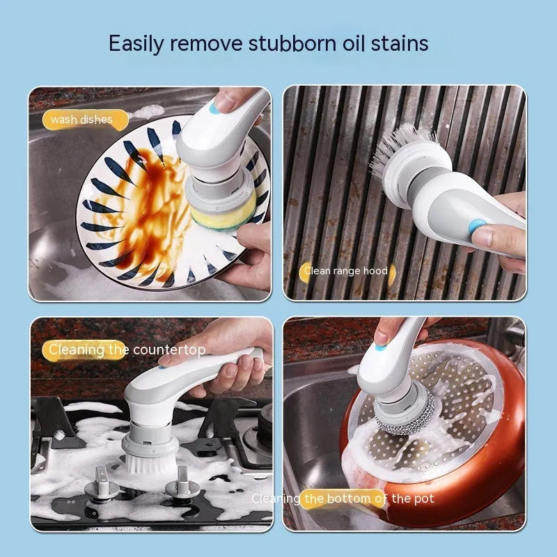 White cordless electric spinning cleaning brush with multiple brush heads on wall bracket