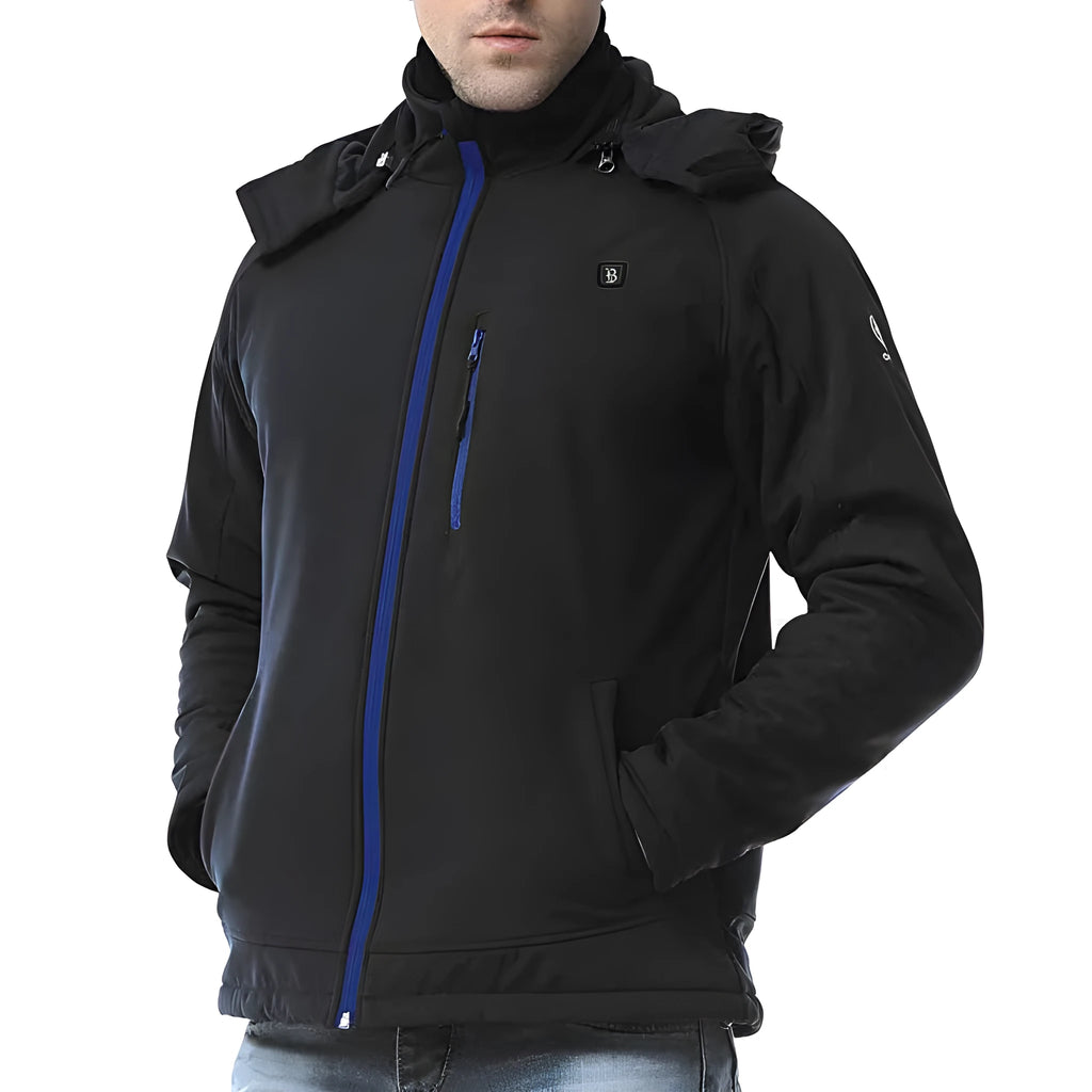 Black men's USB winter waterproof coat with straight hem and long sleeves