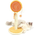 Blue cat scratching post with natural sisal rope and a dangling yellow ball on a sturdy wooden base
