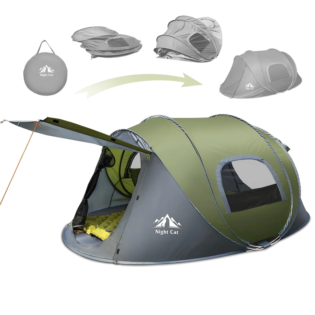 Dark green two-person instant pop-up camping tent with waterproof rainfly