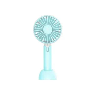 Blue USB-powered mini desk fan with three-speed settings and oscillating head on desktop