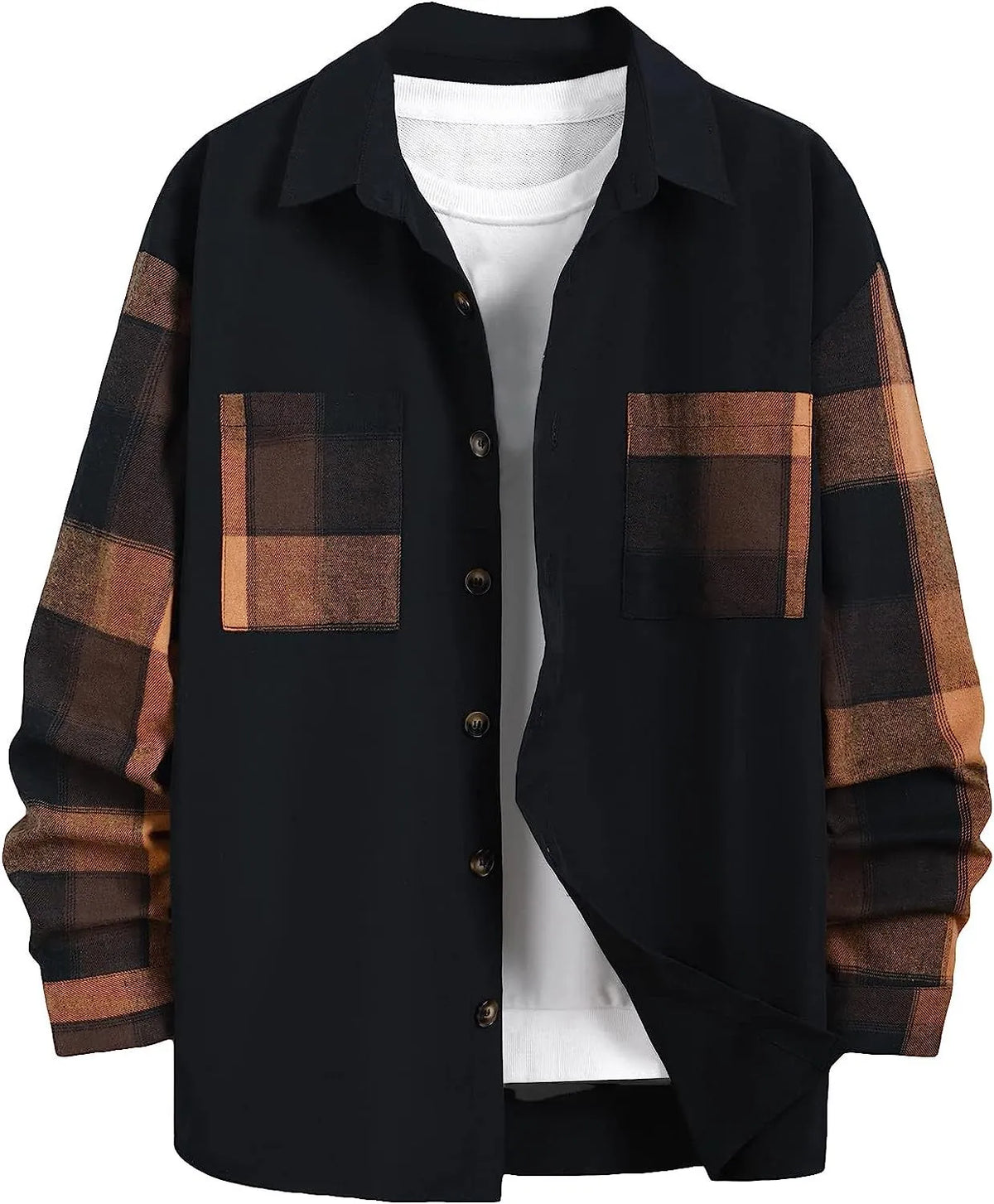 Men's cotton plaid long sleeve shirt in orange or green, loose cardigan style, sizes S to XXXXL