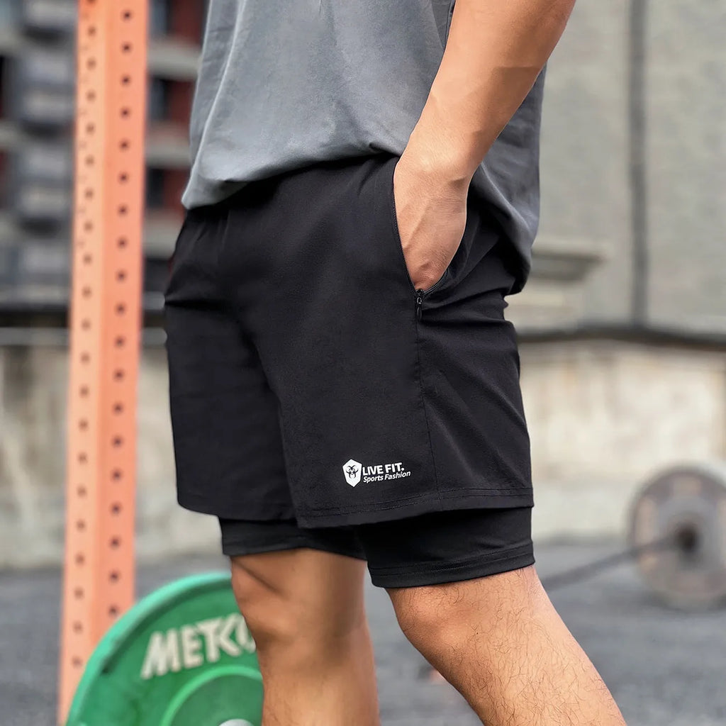 Men's quick drying zippered shorts in black chemical fibre blend, American style, sizes M to XXXL