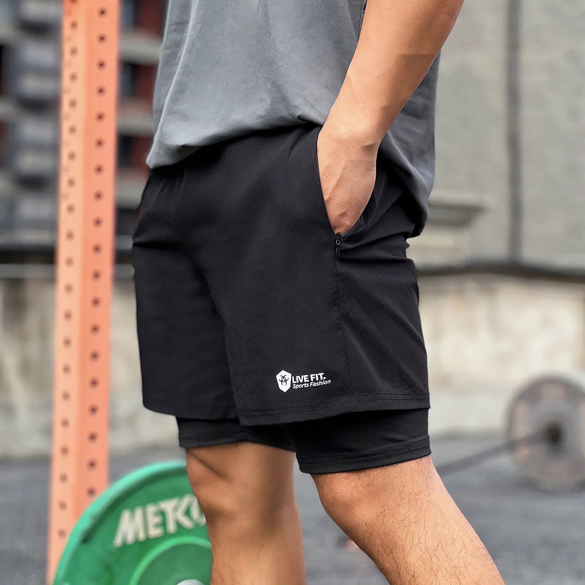 Men's quick drying zippered shorts in black chemical fibre blend, American style, sizes M to XXXL