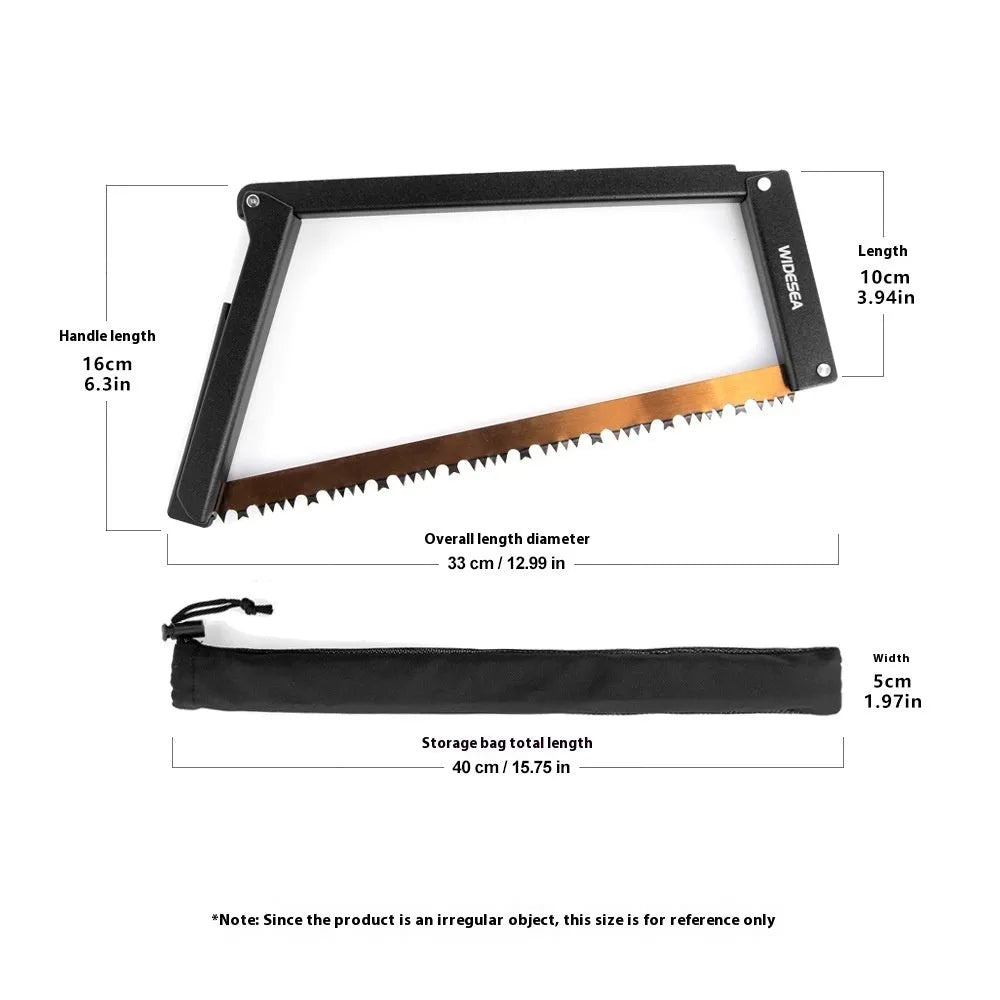 Black foldable outdoor survival saw with aluminium alloy frame and nylon handle.