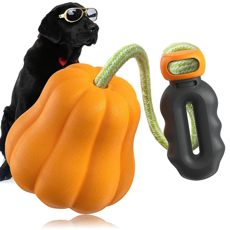 Pumpkin orange plastic dog chew toy with a woven rope handle for fetch.