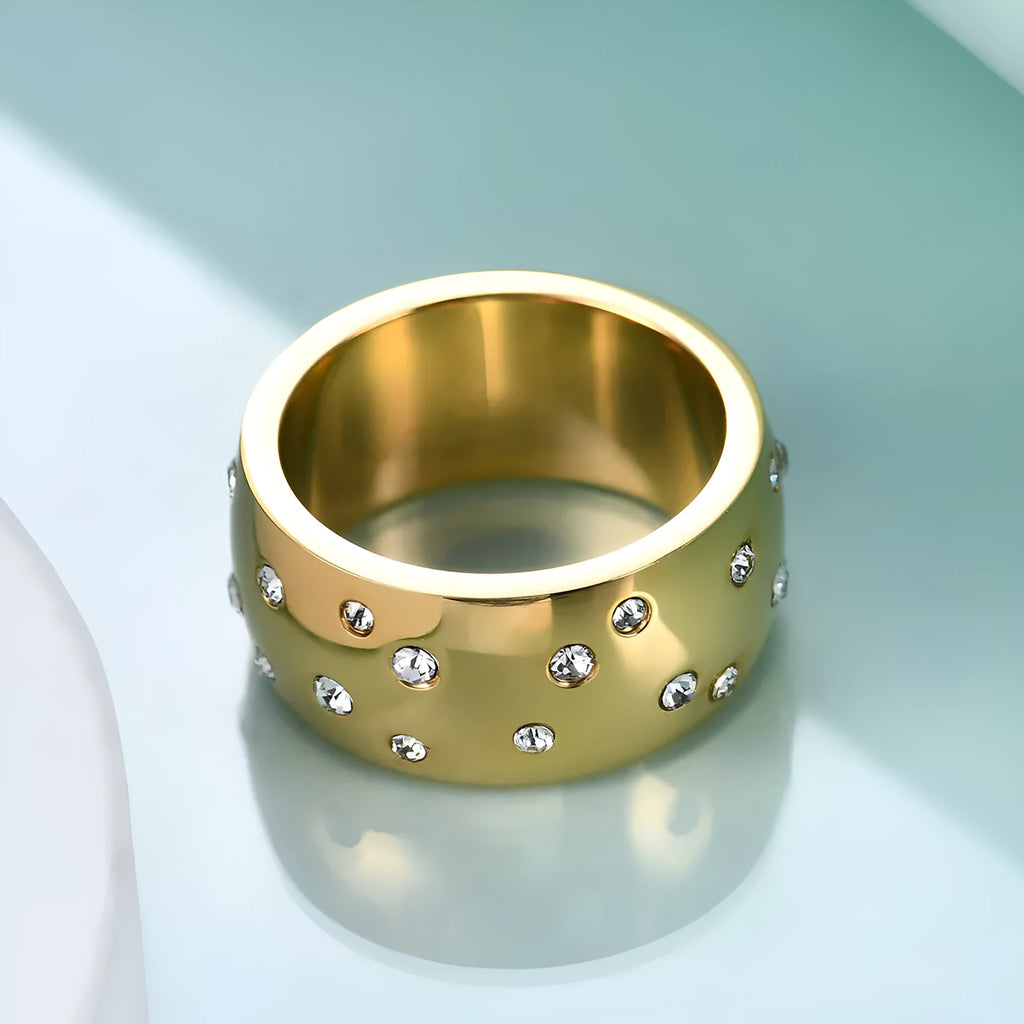 Geometric titanium steel couple ring with diamond treatment in gold colour on size chart
