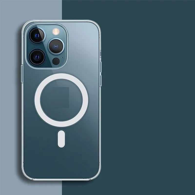 Transparent magnetic hard-shell back cover case for iPhone on a magnetic car vent mount.
