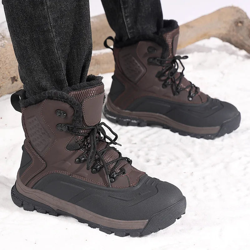 Men's black high-top fleece-lined winter boots with flat heel and lace-up front
