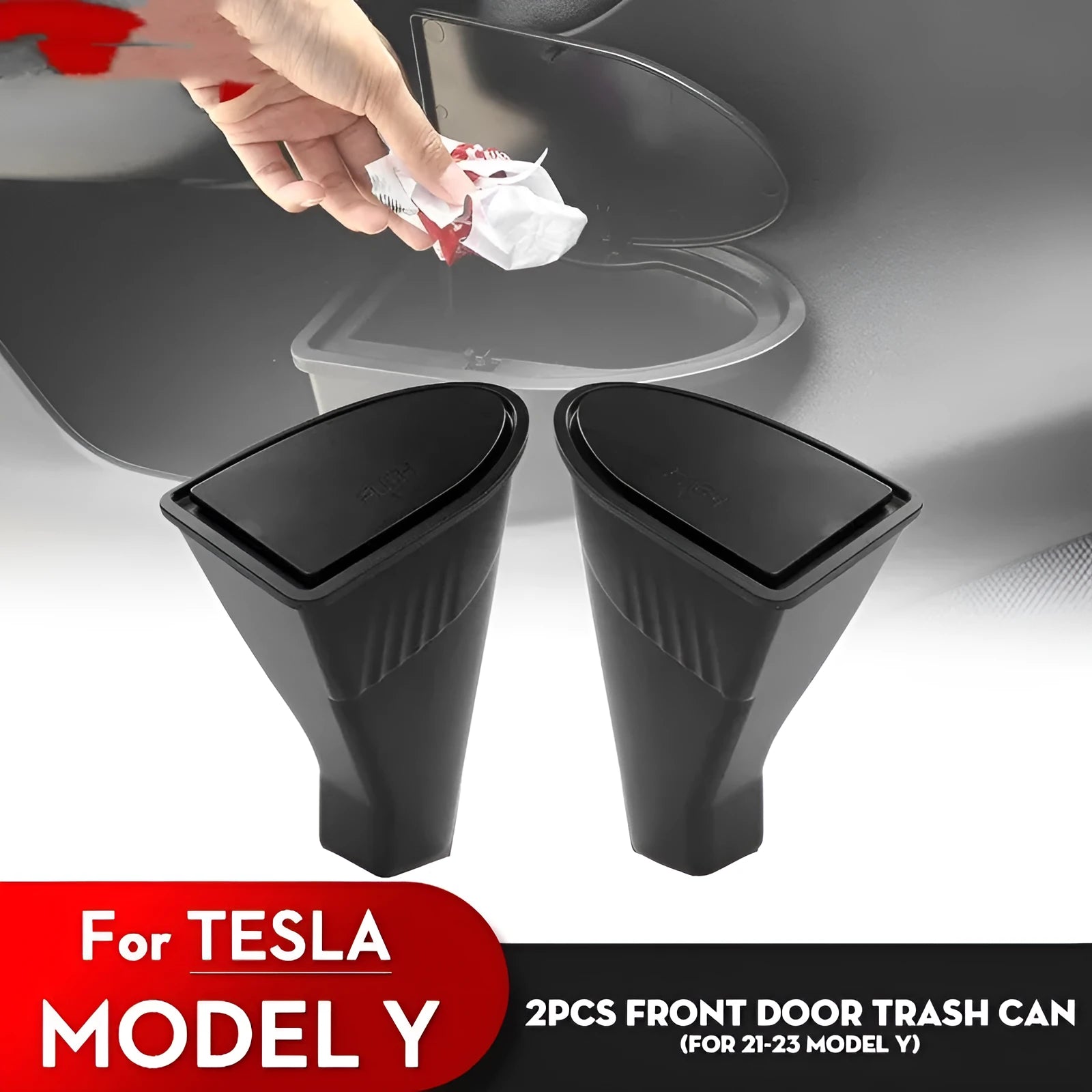 Two black plastic car trash cans designed for Tesla Model Y door pockets.