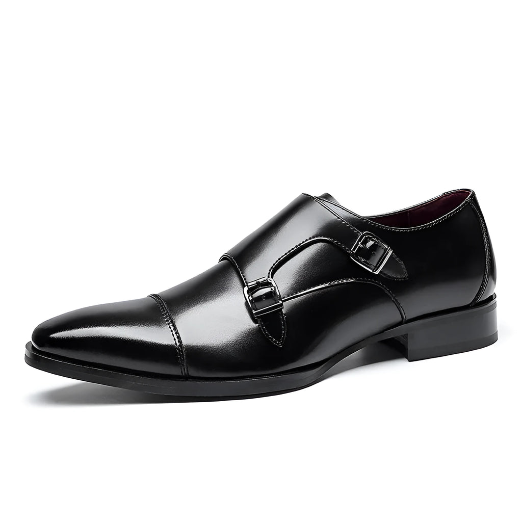 Men's black and light brown square-toe leather business casual shoes with low-top profile