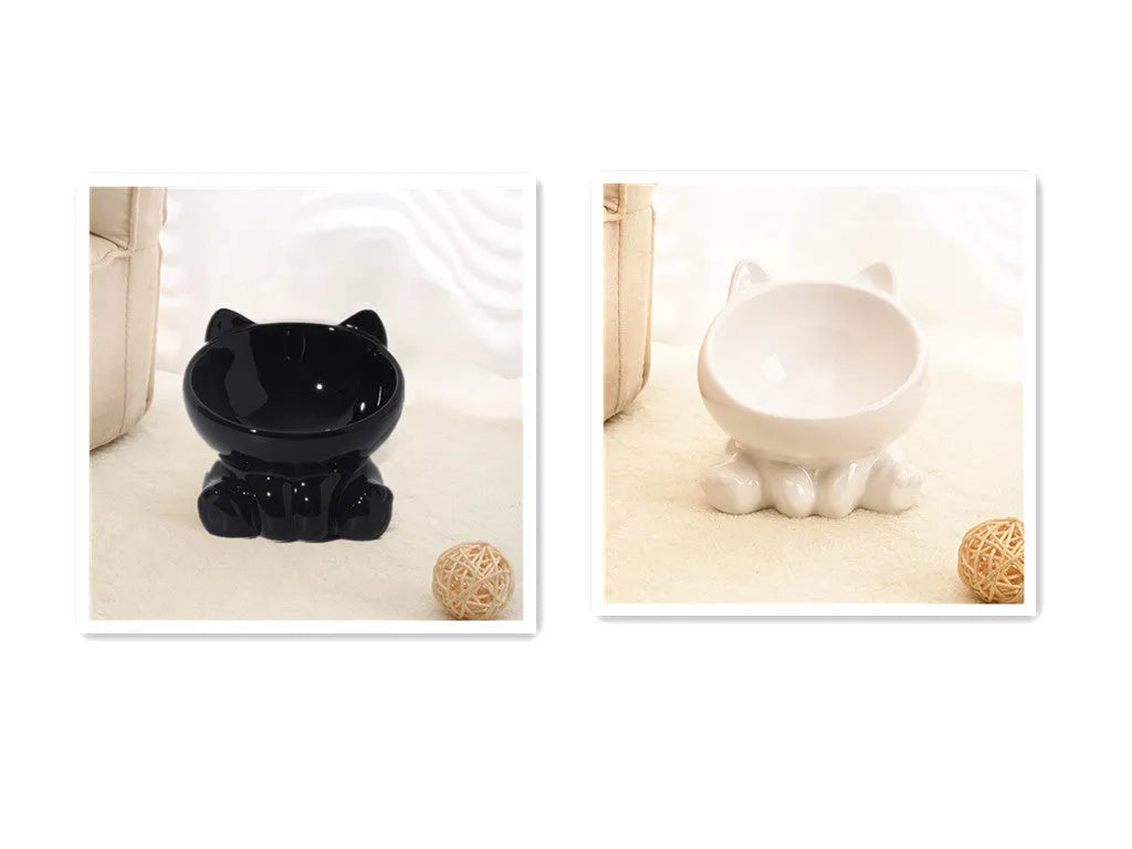 Ceramic cat bowl with neck guard and oblique mouth design, colour Black and White