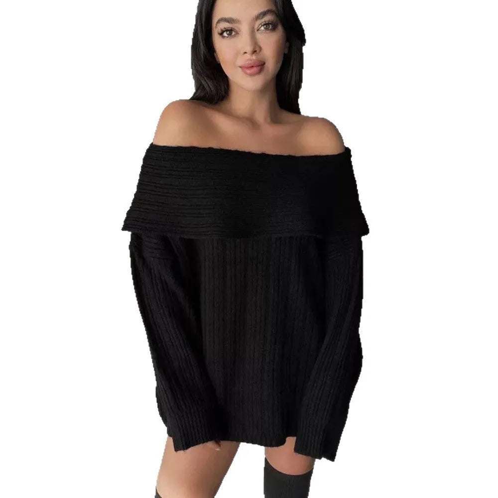 Women's loose-fitting off-neck pullover sweater in acrylic fibre, shown in black, white, khaki, or red.