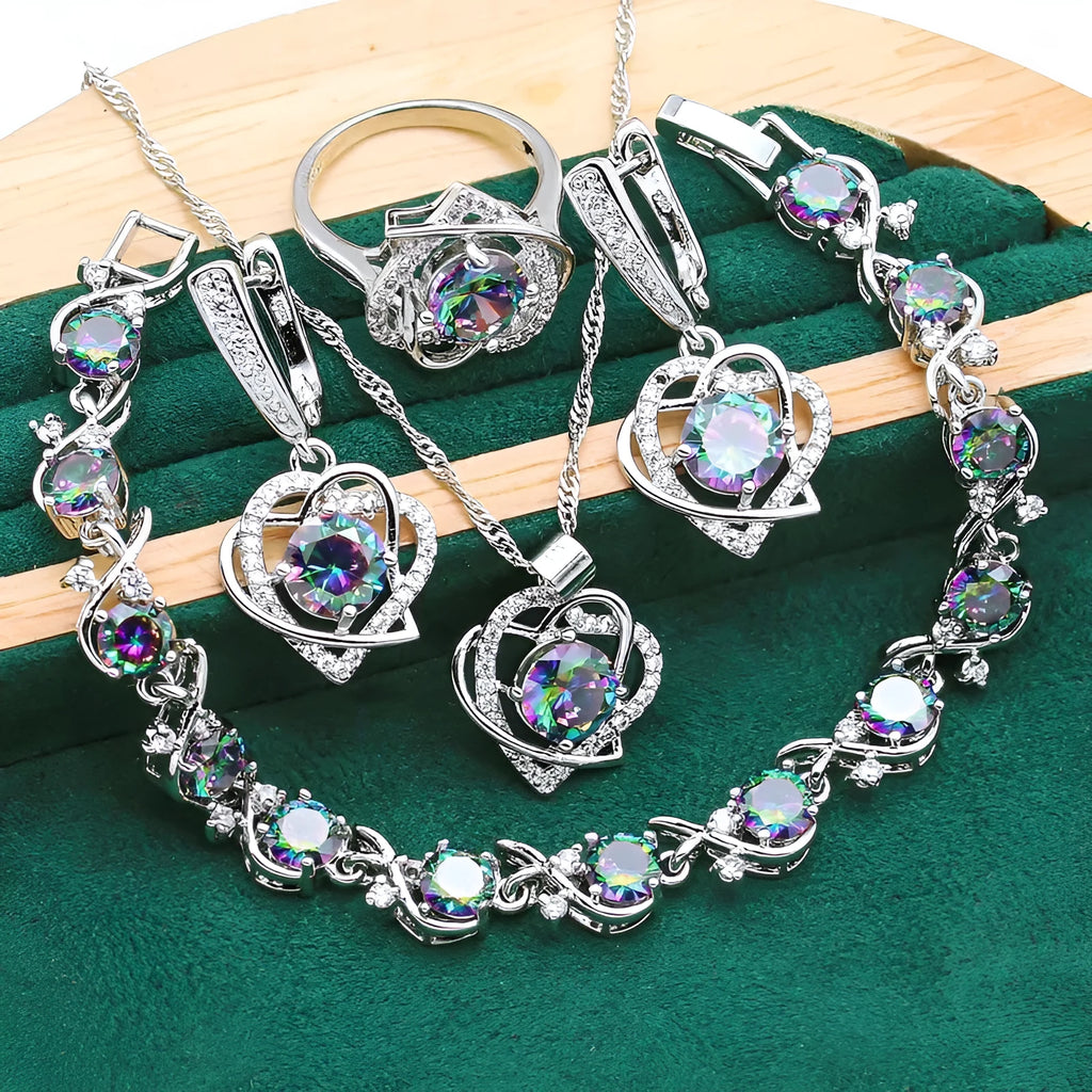 Four-piece copper inlaid zircon jewellery set with necklace, ring, earrings and bracelet in black, green or picture colour