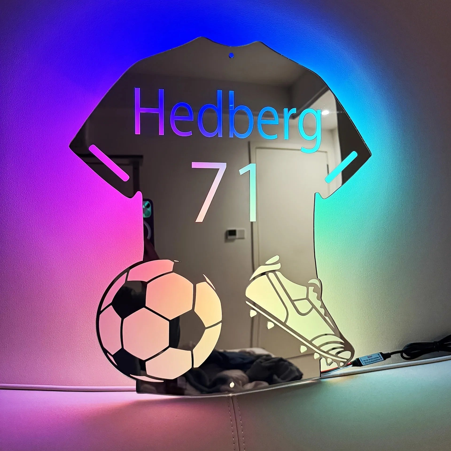Football jersey shaped acrylic luminous mirror night light with 12 colour LED and remote control on a wall