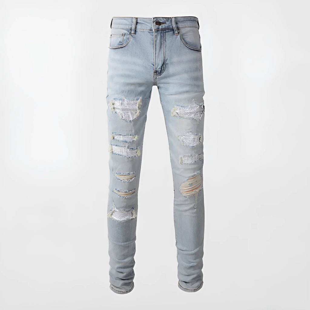 Light blue slim fit stretch jeans for men with hot diamond patch and cat-whisker details